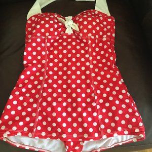 1950's styled red and white polka dot one piece swimsuit - size M